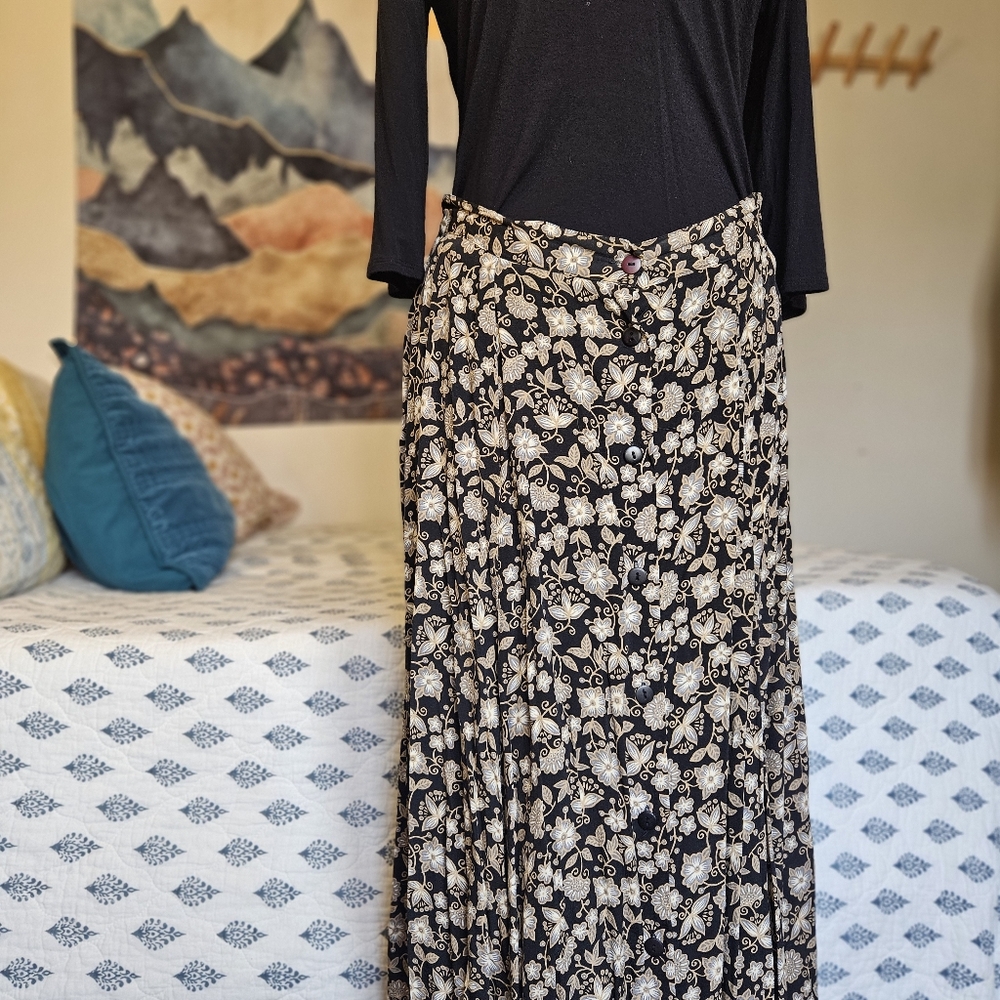 S.A. Designs Black Brown Floral Boho Maxi Button-Up Skirt Size Large